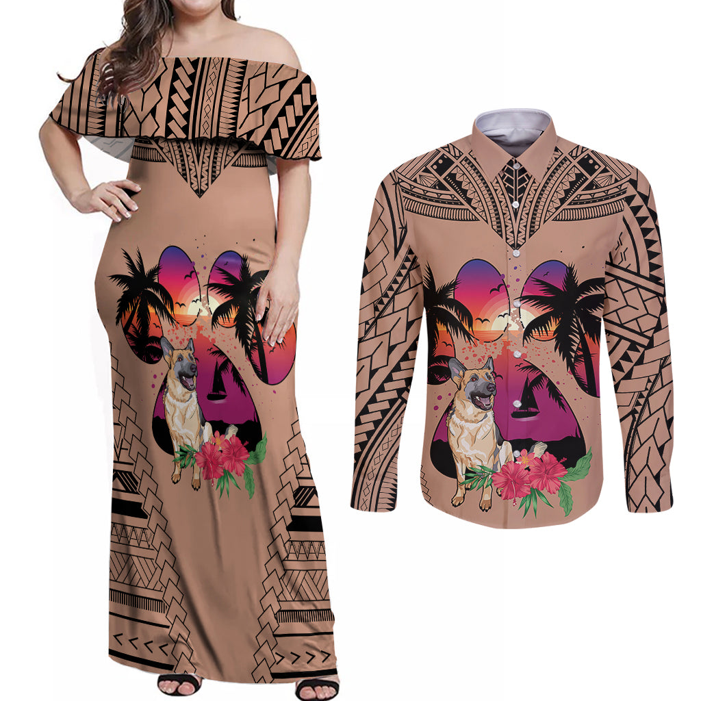 Polynesian Couples Matching Off Shoulder Maxi Dress and Long Sleeve Button Shirts Dog Lover With German Shepherd - Sunset At The Beach Brown Ver LT7 - Wonder Print Shop