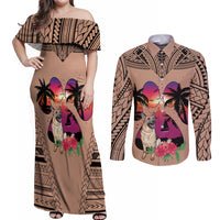 Polynesian Couples Matching Off Shoulder Maxi Dress and Long Sleeve Button Shirts Dog Lover With German Shepherd - Sunset At The Beach Brown Ver LT7 - Wonder Print Shop