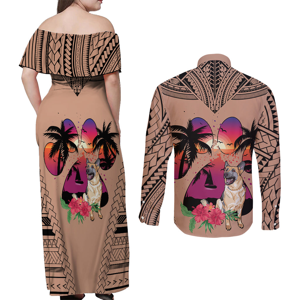 Polynesian Couples Matching Off Shoulder Maxi Dress and Long Sleeve Button Shirts Dog Lover With German Shepherd - Sunset At The Beach Brown Ver LT7 - Wonder Print Shop