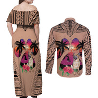 Polynesian Couples Matching Off Shoulder Maxi Dress and Long Sleeve Button Shirts Dog Lover With German Shepherd - Sunset At The Beach Brown Ver LT7 - Wonder Print Shop