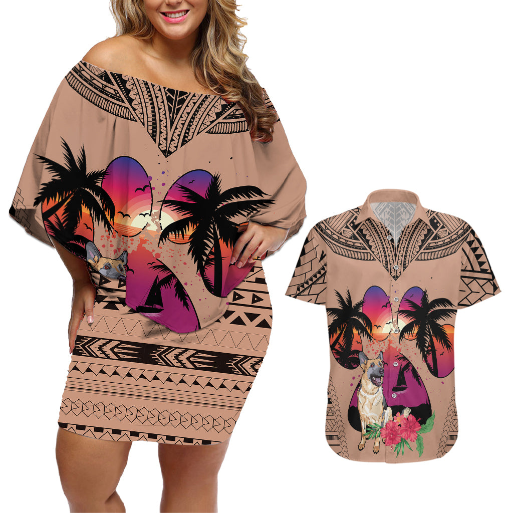 Polynesian Couples Matching Off Shoulder Short Dress and Hawaiian Shirt Dog Lover With German Shepherd - Sunset At The Beach Brown Ver LT7 - Wonder Print Shop