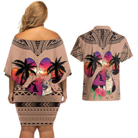 Polynesian Couples Matching Off Shoulder Short Dress and Hawaiian Shirt Dog Lover With German Shepherd - Sunset At The Beach Brown Ver LT7 - Wonder Print Shop