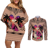 Polynesian Couples Matching Off Shoulder Short Dress and Long Sleeve Button Shirts Dog Lover With German Shepherd - Sunset At The Beach Brown Ver LT7 - Wonder Print Shop