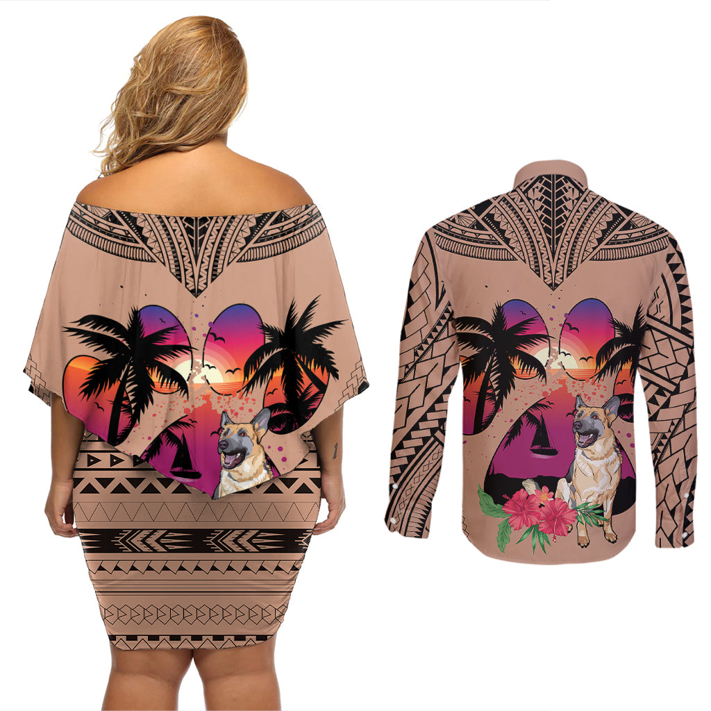 Polynesian Couples Matching Off Shoulder Short Dress and Long Sleeve Button Shirts Dog Lover With German Shepherd - Sunset At The Beach Brown Ver LT7 - Wonder Print Shop