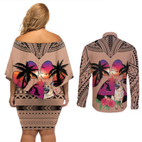 Polynesian Couples Matching Off Shoulder Short Dress and Long Sleeve Button Shirts Dog Lover With German Shepherd - Sunset At The Beach Brown Ver LT7 - Wonder Print Shop