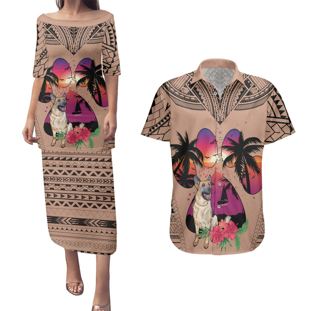 Polynesian Couples Matching Puletasi Dress and Hawaiian Shirt Dog Lover With German Shepherd - Sunset At The Beach Brown Ver LT7 - Wonder Print Shop