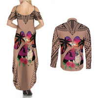 Polynesian Couples Matching Summer Maxi Dress and Long Sleeve Button Shirts Dog Lover With German Shepherd - Sunset At The Beach Brown Ver LT7 - Wonder Print Shop