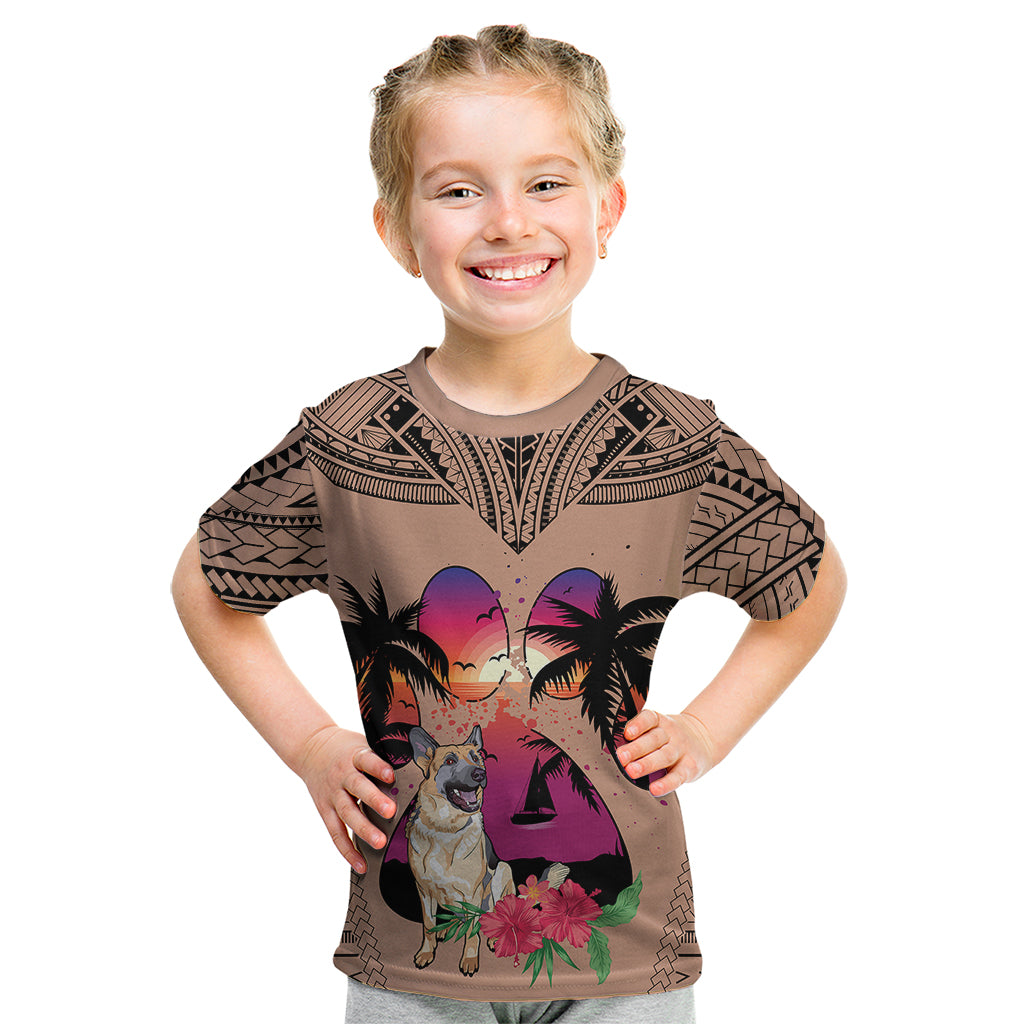 Polynesian Kid T Shirt Dog Lover With German Shepherd - Sunset At The Beach Brown Ver - Wonder Print Shop