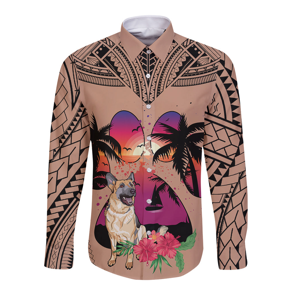Polynesian Long Sleeve Button Shirt Dog Lover With German Shepherd - Sunset At The Beach Brown Ver - Wonder Print Shop