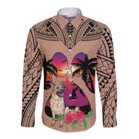 Polynesian Long Sleeve Button Shirt Dog Lover With German Shepherd - Sunset At The Beach Brown Ver - Wonder Print Shop