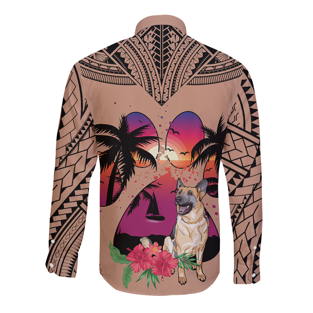 Polynesian Long Sleeve Button Shirt Dog Lover With German Shepherd - Sunset At The Beach Brown Ver - Wonder Print Shop