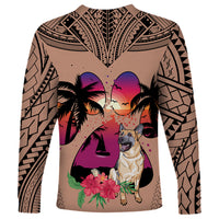 Polynesian Long Sleeve Shirt Dog Lover With German Shepherd - Sunset At The Beach Brown Ver - Wonder Print Shop