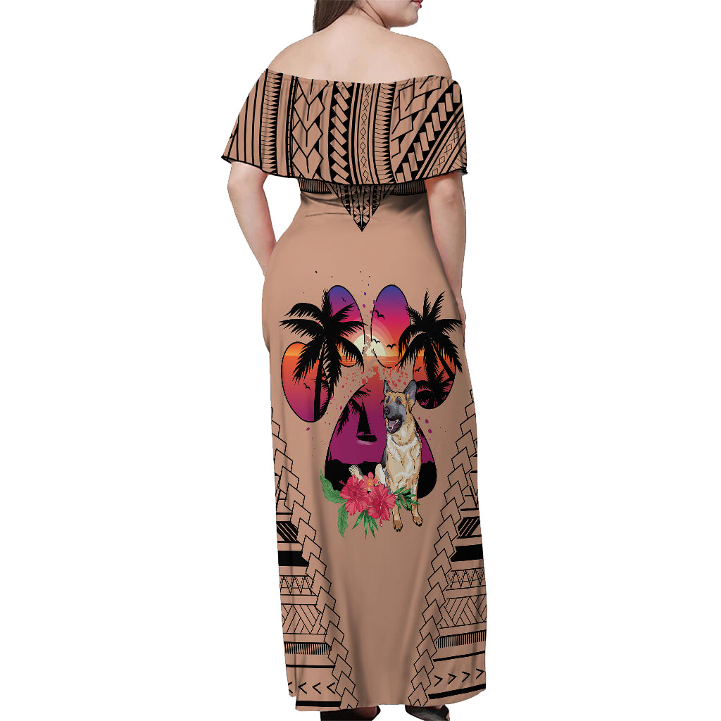 Polynesian Off Shoulder Maxi Dress Dog Lover With German Shepherd - Sunset At The Beach Brown Ver - Wonder Print Shop