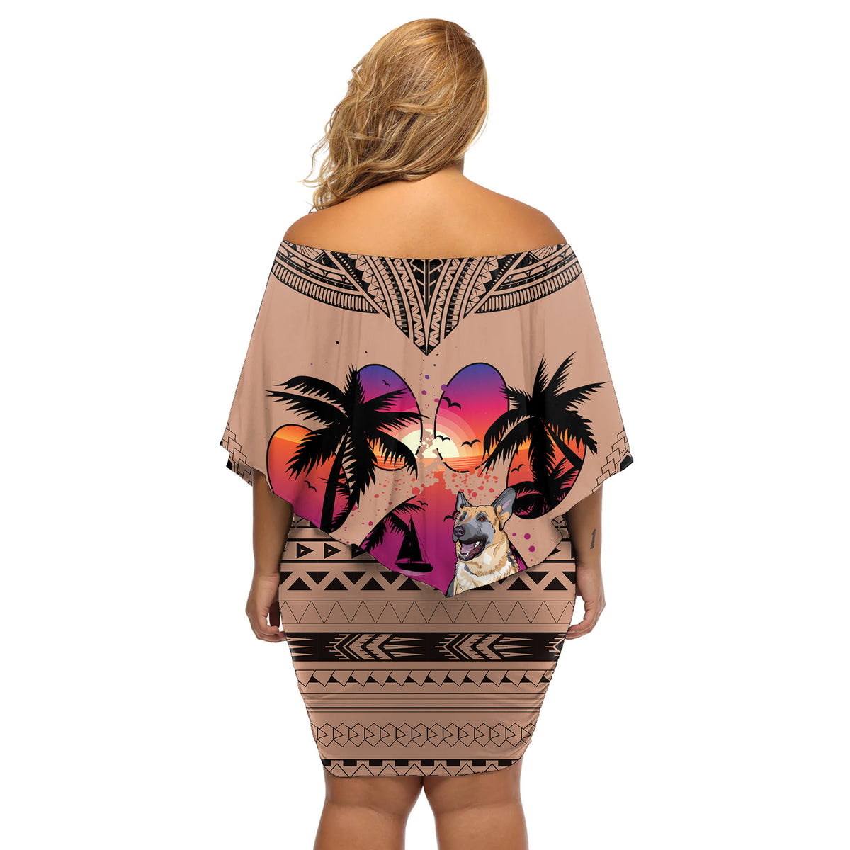 Polynesian Off Shoulder Short Dress Dog Lover With German Shepherd - Sunset At The Beach Brown Ver - Wonder Print Shop
