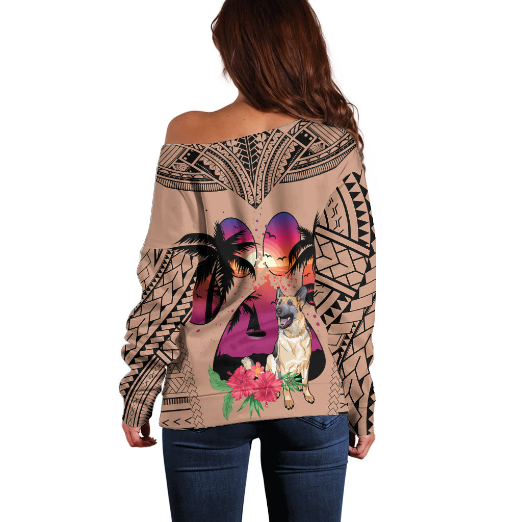 Polynesian Off Shoulder Sweater Dog Lover With German Shepherd - Sunset At The Beach Brown Ver - Wonder Print Shop
