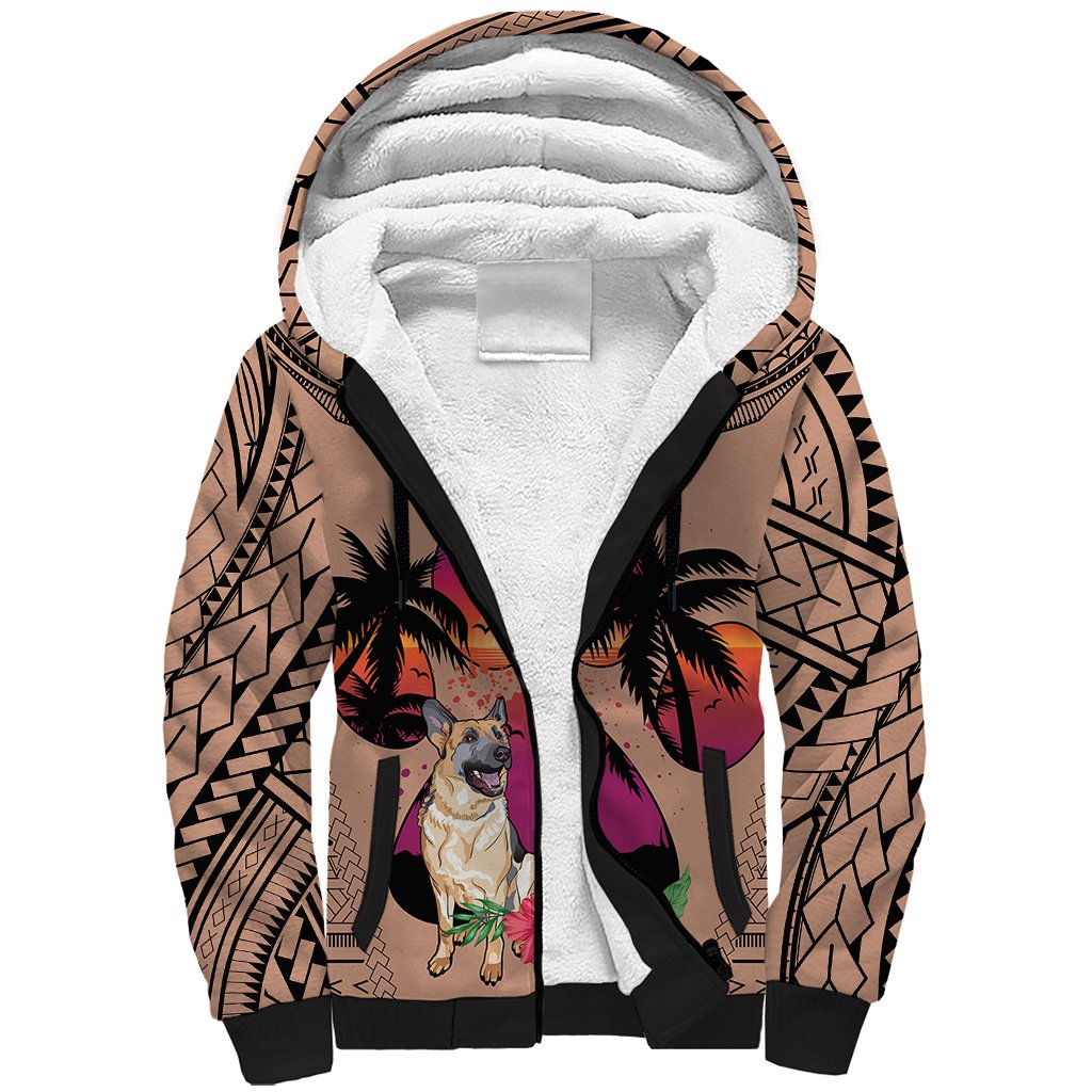 Polynesian Sherpa Hoodie Dog Lover With German Shepherd - Sunset At The Beach Brown Ver - Wonder Print Shop