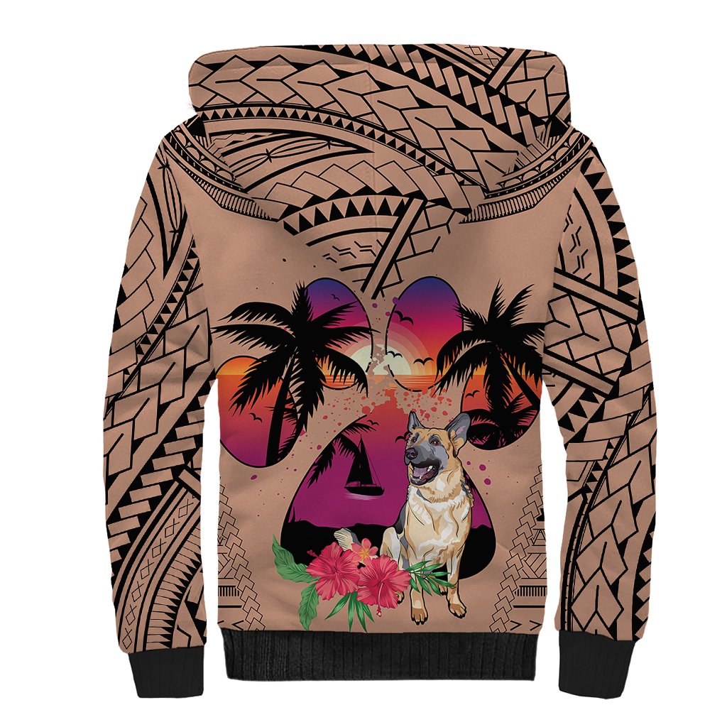Polynesian Sherpa Hoodie Dog Lover With German Shepherd - Sunset At The Beach Brown Ver - Wonder Print Shop