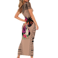Polynesian Short Sleeve Bodycon Dress Dog Lover With German Shepherd - Sunset At The Beach Brown Ver - Wonder Print Shop