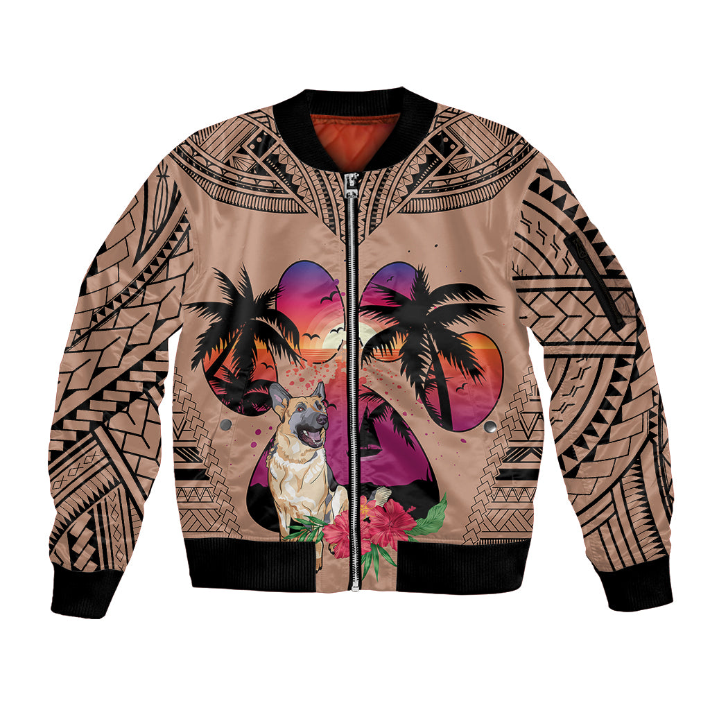 Polynesian Sleeve Zip Bomber Jacket Dog Lover With German Shepherd - Sunset At The Beach Brown Ver - Wonder Print Shop