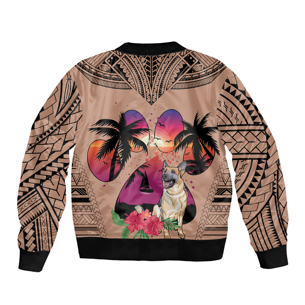 Polynesian Sleeve Zip Bomber Jacket Dog Lover With German Shepherd - Sunset At The Beach Brown Ver - Wonder Print Shop