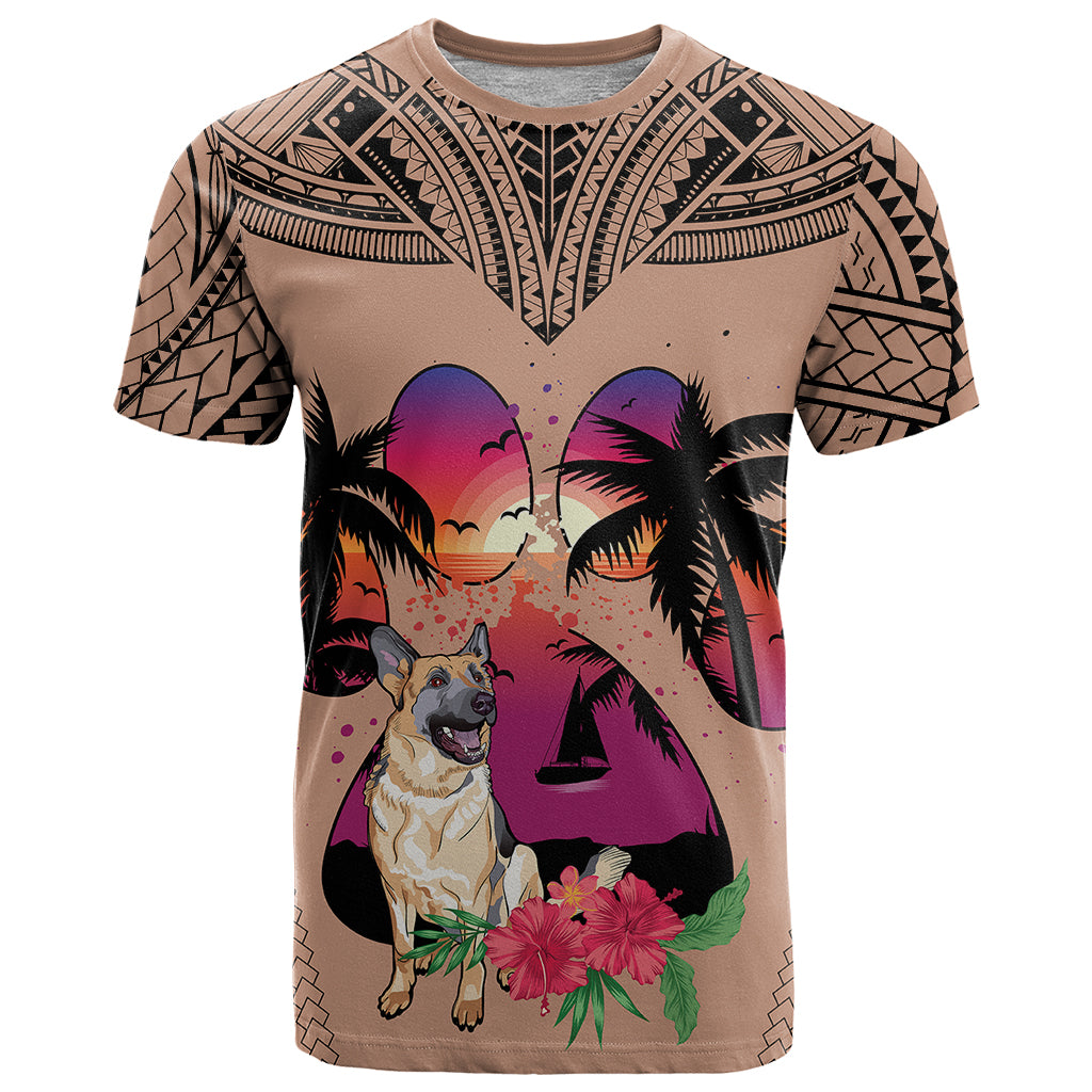 Polynesian T Shirt Dog Lover With German Shepherd - Sunset At The Beach Brown Ver - Wonder Print Shop