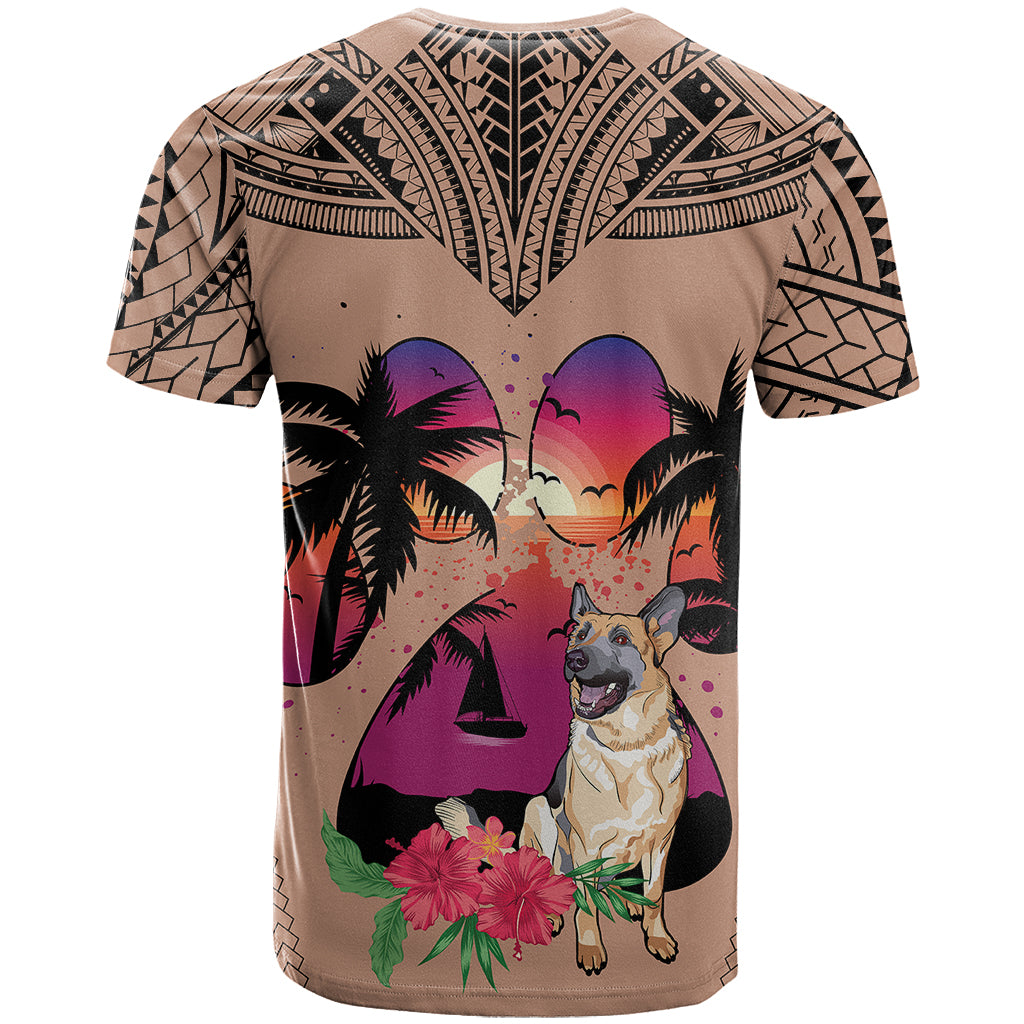 Polynesian T Shirt Dog Lover With German Shepherd - Sunset At The Beach Brown Ver - Wonder Print Shop