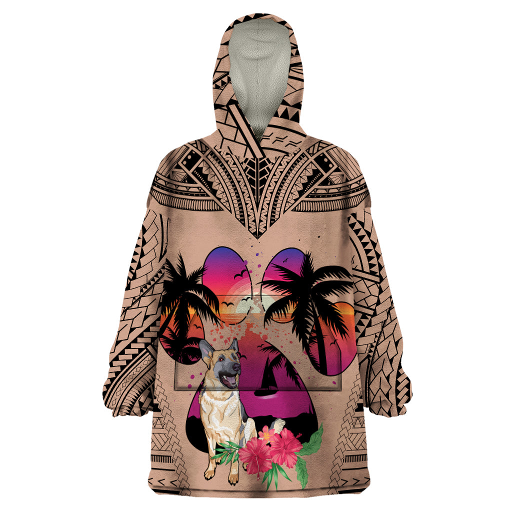 Polynesian Wearable Blanket Hoodie Dog Lover With German Shepherd - Sunset At The Beach Brown Ver - Wonder Print Shop