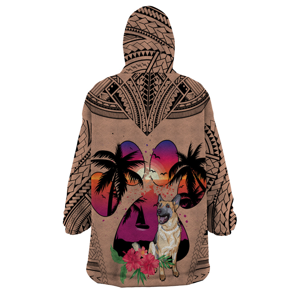 Polynesian Wearable Blanket Hoodie Dog Lover With German Shepherd - Sunset At The Beach Brown Ver - Wonder Print Shop