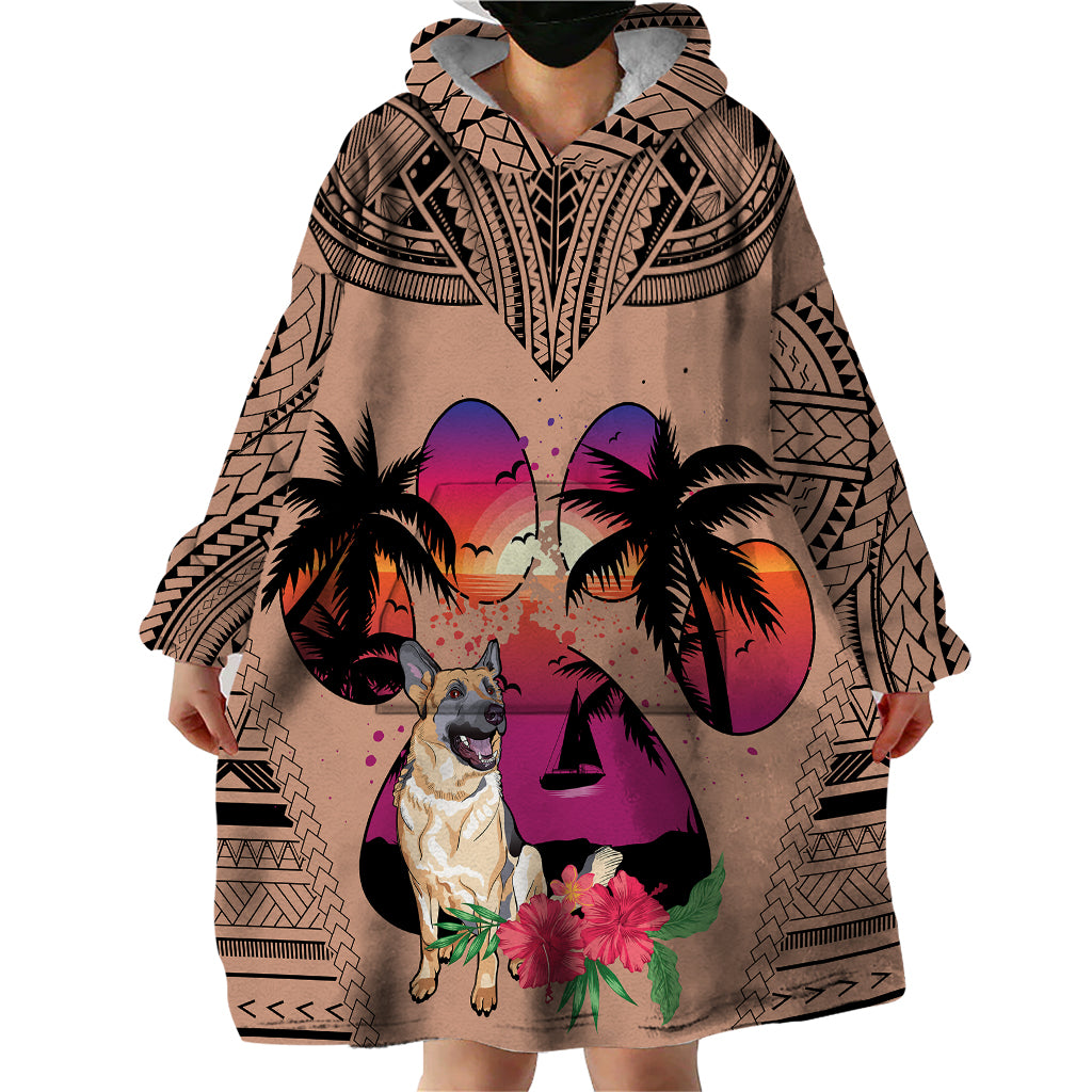Polynesian Wearable Blanket Hoodie Dog Lover With German Shepherd - Sunset At The Beach Brown Ver - Wonder Print Shop