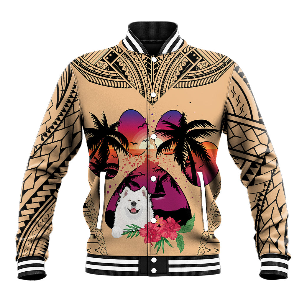 Polynesian Baseball Jacket Dog Lover With Samoyed - Sunset At The Beach LT7 - Wonder Print Shop