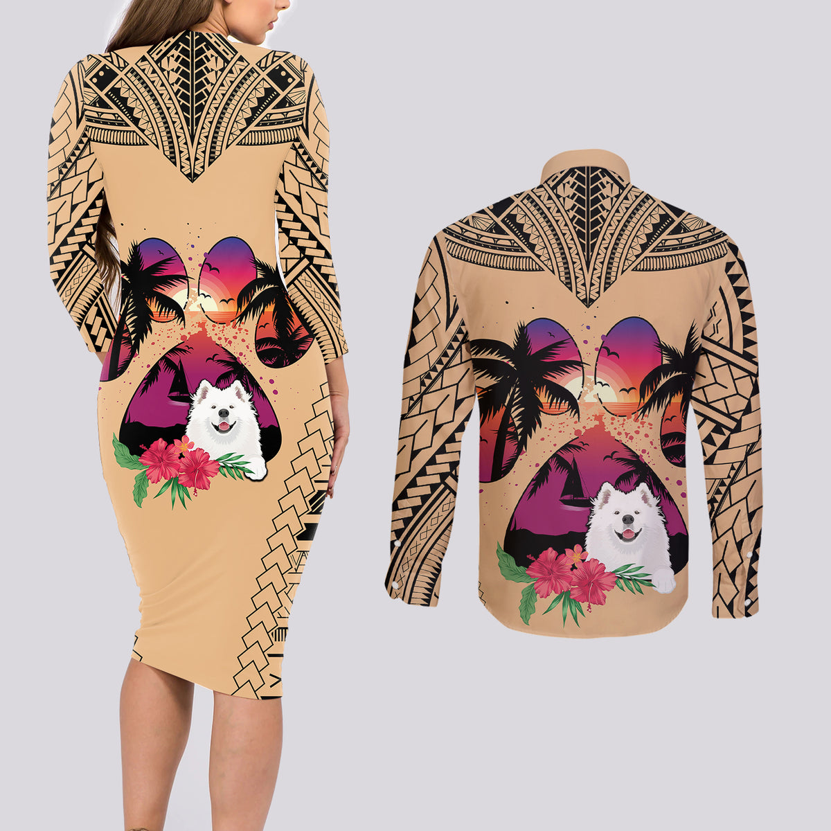 Polynesian Couples Matching Long Sleeve Bodycon Dress and Long Sleeve Button Shirts Dog Lover With Samoyed - Sunset At The Beach LT7 - Wonder Print Shop