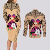 Polynesian Couples Matching Long Sleeve Bodycon Dress and Long Sleeve Button Shirts Dog Lover With Samoyed - Sunset At The Beach LT7 - Wonder Print Shop