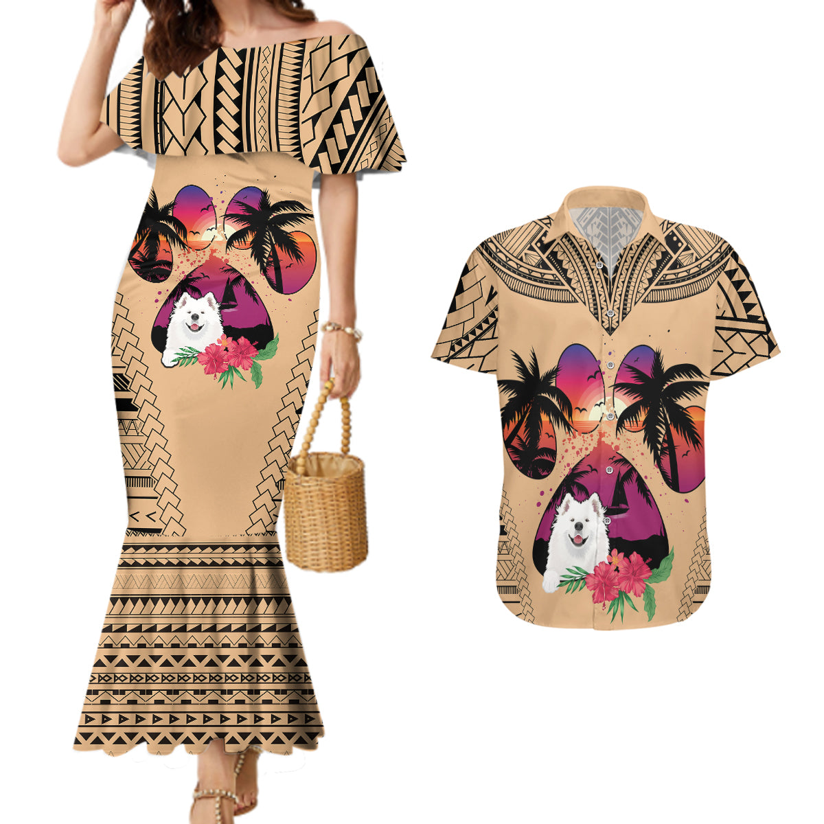 Polynesian Couples Matching Mermaid Dress and Hawaiian Shirt Dog Lover With Samoyed - Sunset At The Beach LT7 - Wonder Print Shop