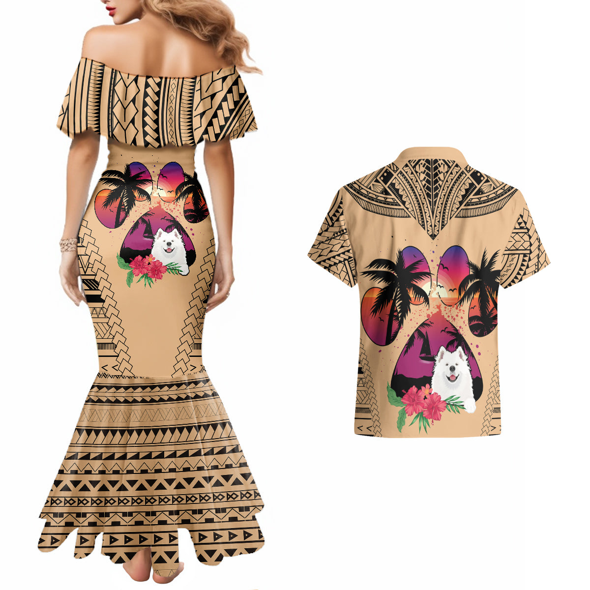 Polynesian Couples Matching Mermaid Dress and Hawaiian Shirt Dog Lover With Samoyed - Sunset At The Beach LT7 - Wonder Print Shop