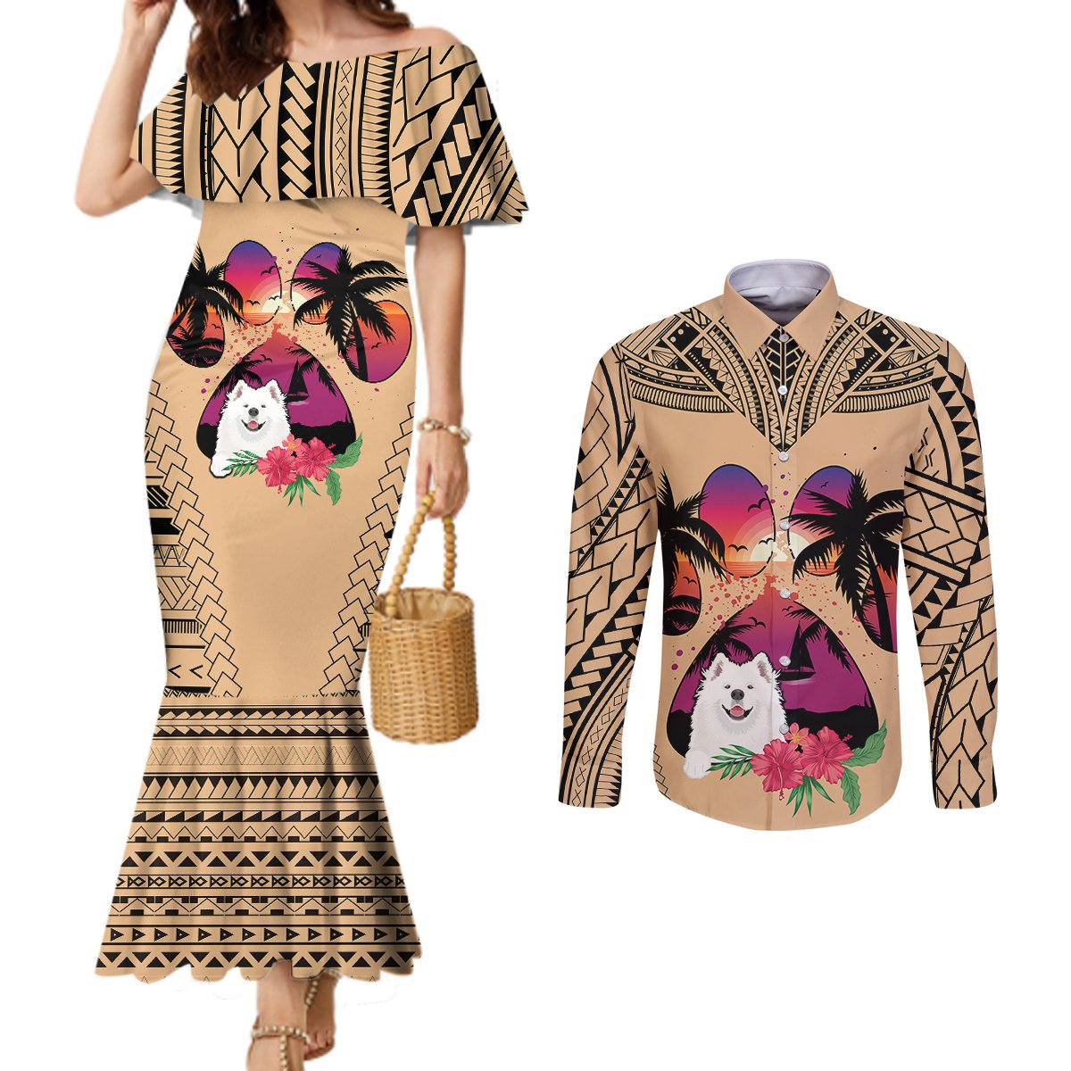 polynesian-couples-matching-mermaid-dress-and-long-sleeve-button-shirts-dog-lover-with-samoyed-sunset-at-the-beach