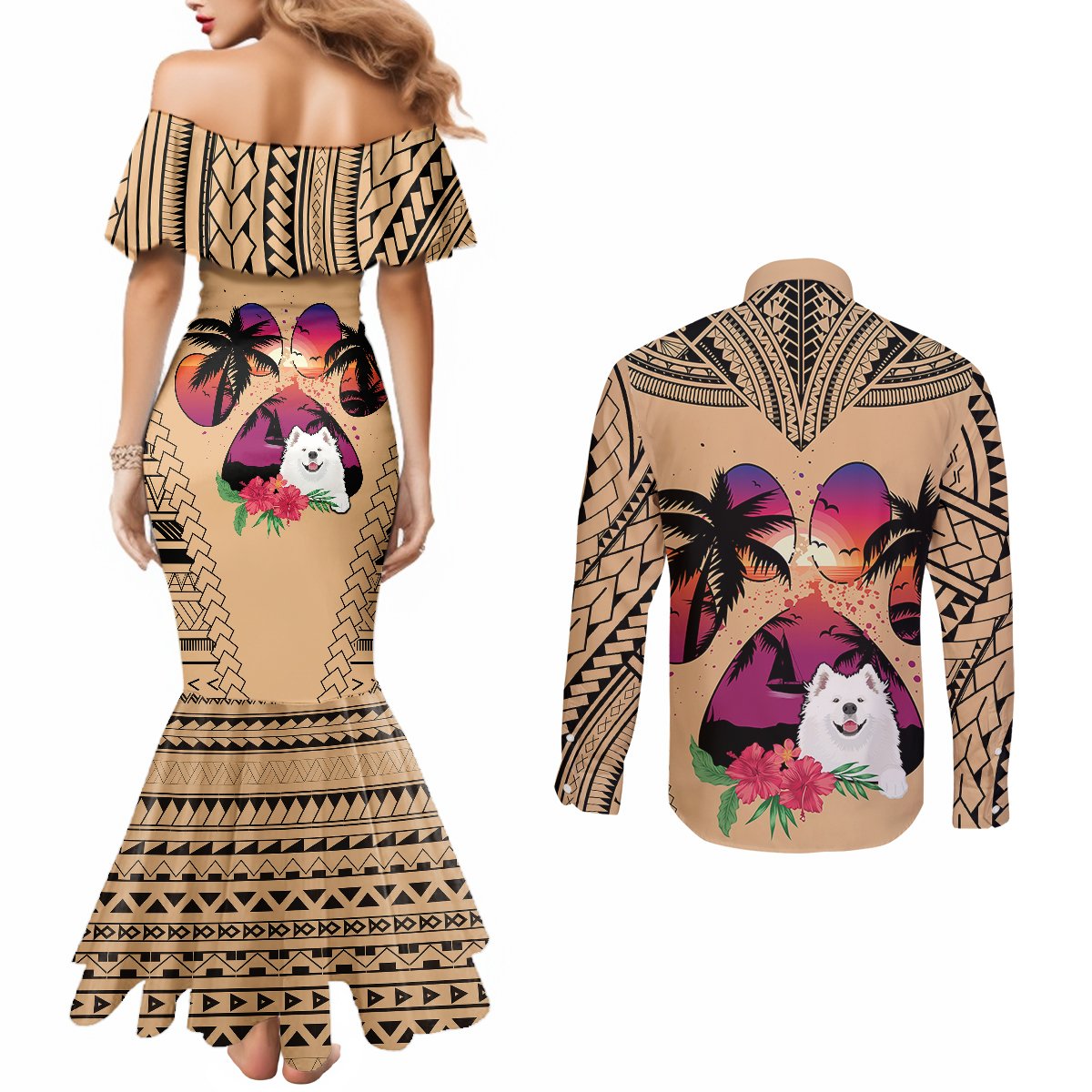 polynesian-couples-matching-mermaid-dress-and-long-sleeve-button-shirts-dog-lover-with-samoyed-sunset-at-the-beach
