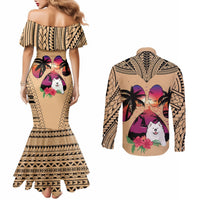 polynesian-couples-matching-mermaid-dress-and-long-sleeve-button-shirts-dog-lover-with-samoyed-sunset-at-the-beach