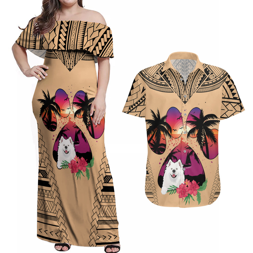 Polynesian Couples Matching Off Shoulder Maxi Dress and Hawaiian Shirt Dog Lover With Samoyed - Sunset At The Beach LT7 - Wonder Print Shop