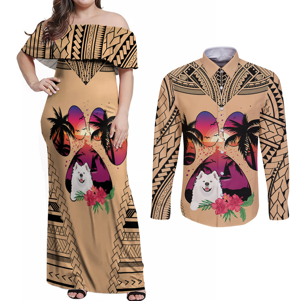 Polynesian Couples Matching Off Shoulder Maxi Dress and Long Sleeve Button Shirts Dog Lover With Samoyed - Sunset At The Beach LT7 - Wonder Print Shop
