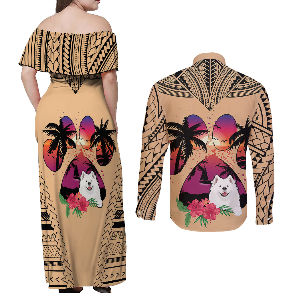 Polynesian Couples Matching Off Shoulder Maxi Dress and Long Sleeve Button Shirts Dog Lover With Samoyed - Sunset At The Beach LT7 - Wonder Print Shop