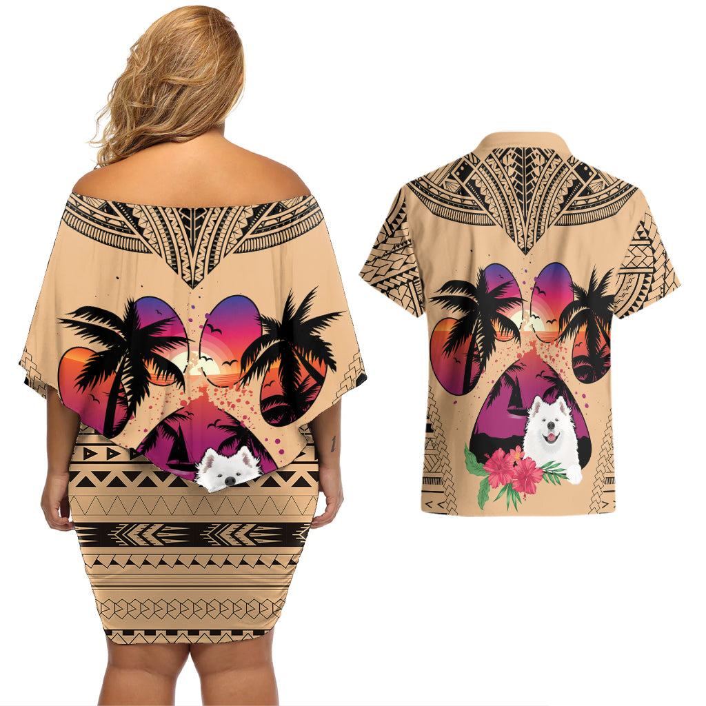 Polynesian Couples Matching Off Shoulder Short Dress and Hawaiian Shirt Dog Lover With Samoyed - Sunset At The Beach LT7 - Wonder Print Shop