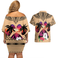 Polynesian Couples Matching Off Shoulder Short Dress and Hawaiian Shirt Dog Lover With Samoyed - Sunset At The Beach LT7 - Wonder Print Shop