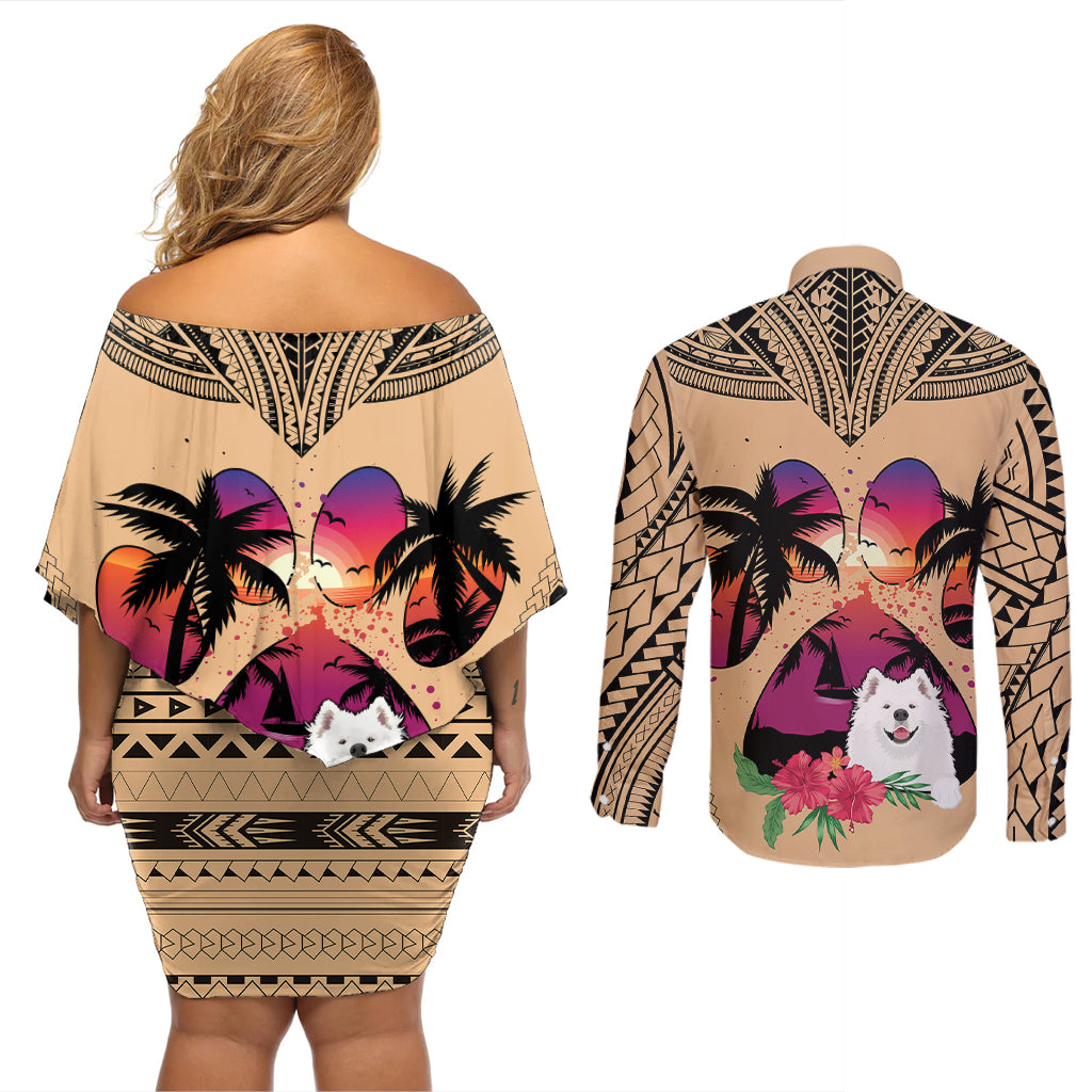 Polynesian Couples Matching Off Shoulder Short Dress and Long Sleeve Button Shirts Dog Lover With Samoyed - Sunset At The Beach LT7 - Wonder Print Shop
