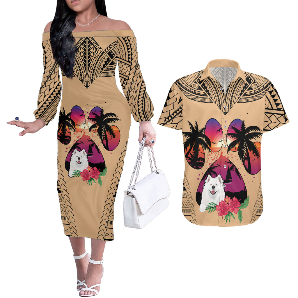 Polynesian Couples Matching Off The Shoulder Long Sleeve Dress and Hawaiian Shirt Dog Lover With Samoyed - Sunset At The Beach LT7 - Wonder Print Shop