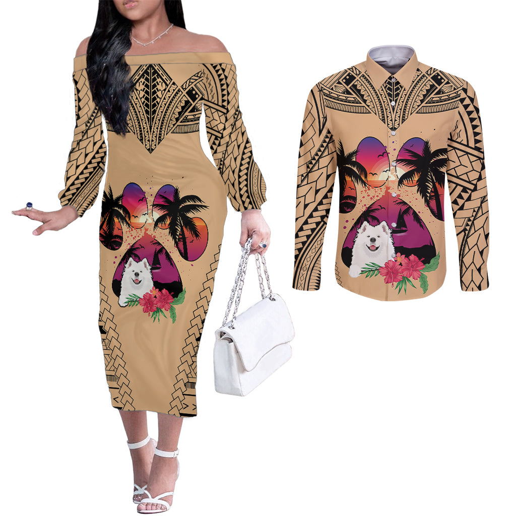 polynesian-couples-matching-off-the-shoulder-long-sleeve-dress-and-long-sleeve-button-shirts-dog-lover-with-samoyed-sunset-at-the-beach