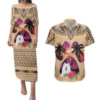 Polynesian Couples Matching Puletasi Dress and Hawaiian Shirt Dog Lover With Samoyed - Sunset At The Beach LT7 - Wonder Print Shop
