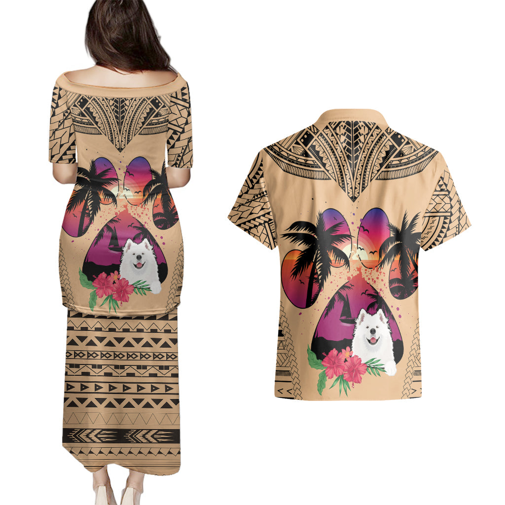Polynesian Couples Matching Puletasi Dress and Hawaiian Shirt Dog Lover With Samoyed - Sunset At The Beach LT7 - Wonder Print Shop