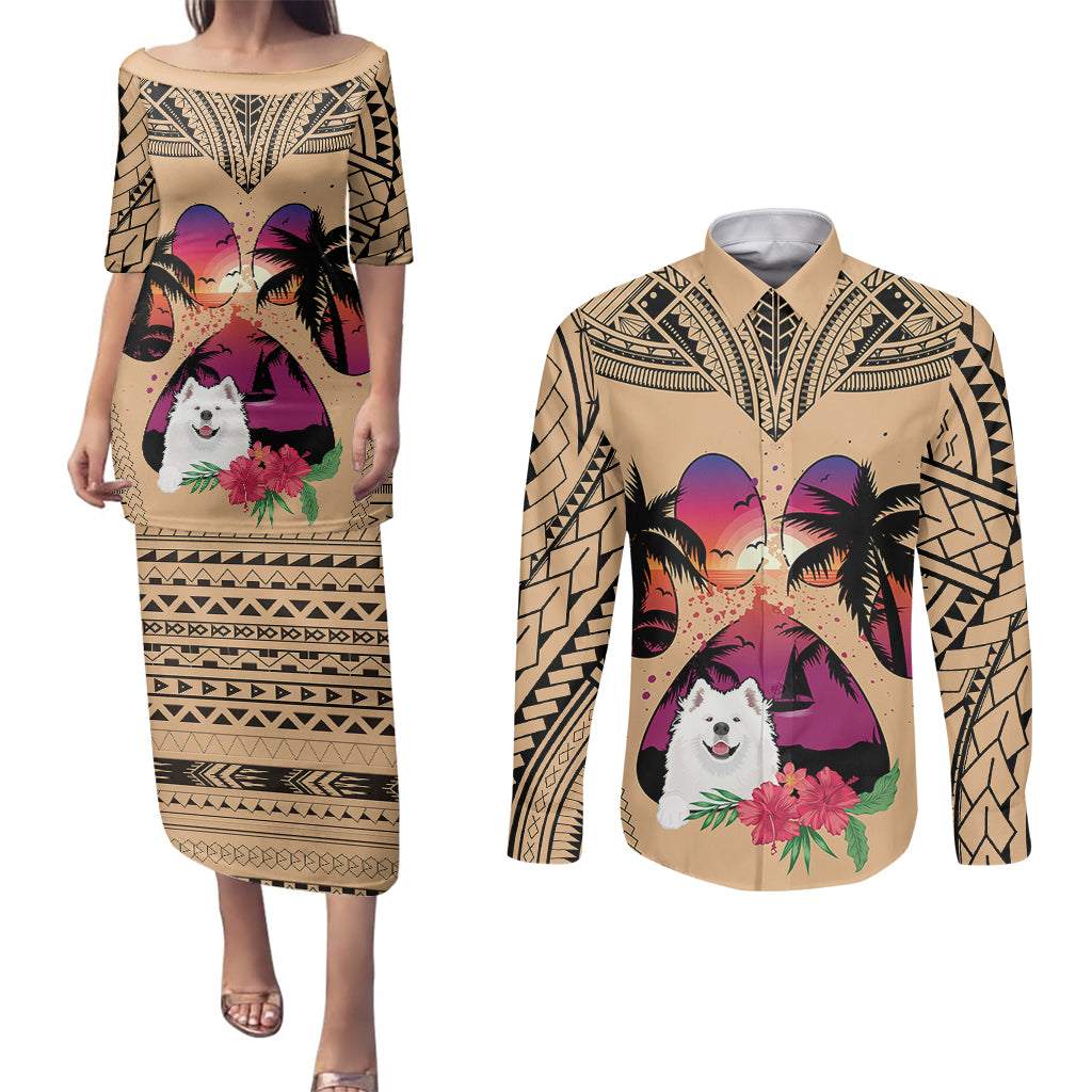 Polynesian Couples Matching Puletasi Dress and Long Sleeve Button Shirts Dog Lover With Samoyed - Sunset At The Beach LT7 - Wonder Print Shop