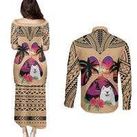 Polynesian Couples Matching Puletasi Dress and Long Sleeve Button Shirts Dog Lover With Samoyed - Sunset At The Beach LT7 - Wonder Print Shop