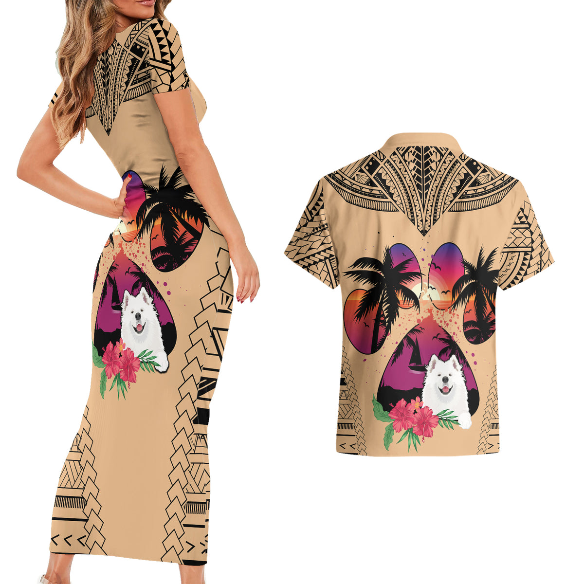 Polynesian Couples Matching Short Sleeve Bodycon Dress and Hawaiian Shirt Dog Lover With Samoyed - Sunset At The Beach LT7 - Wonder Print Shop